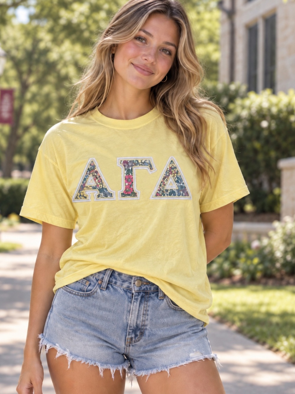 American Apparel Alpha Gamma Delta Floral Letter T-Shirt Yellow Size Medium